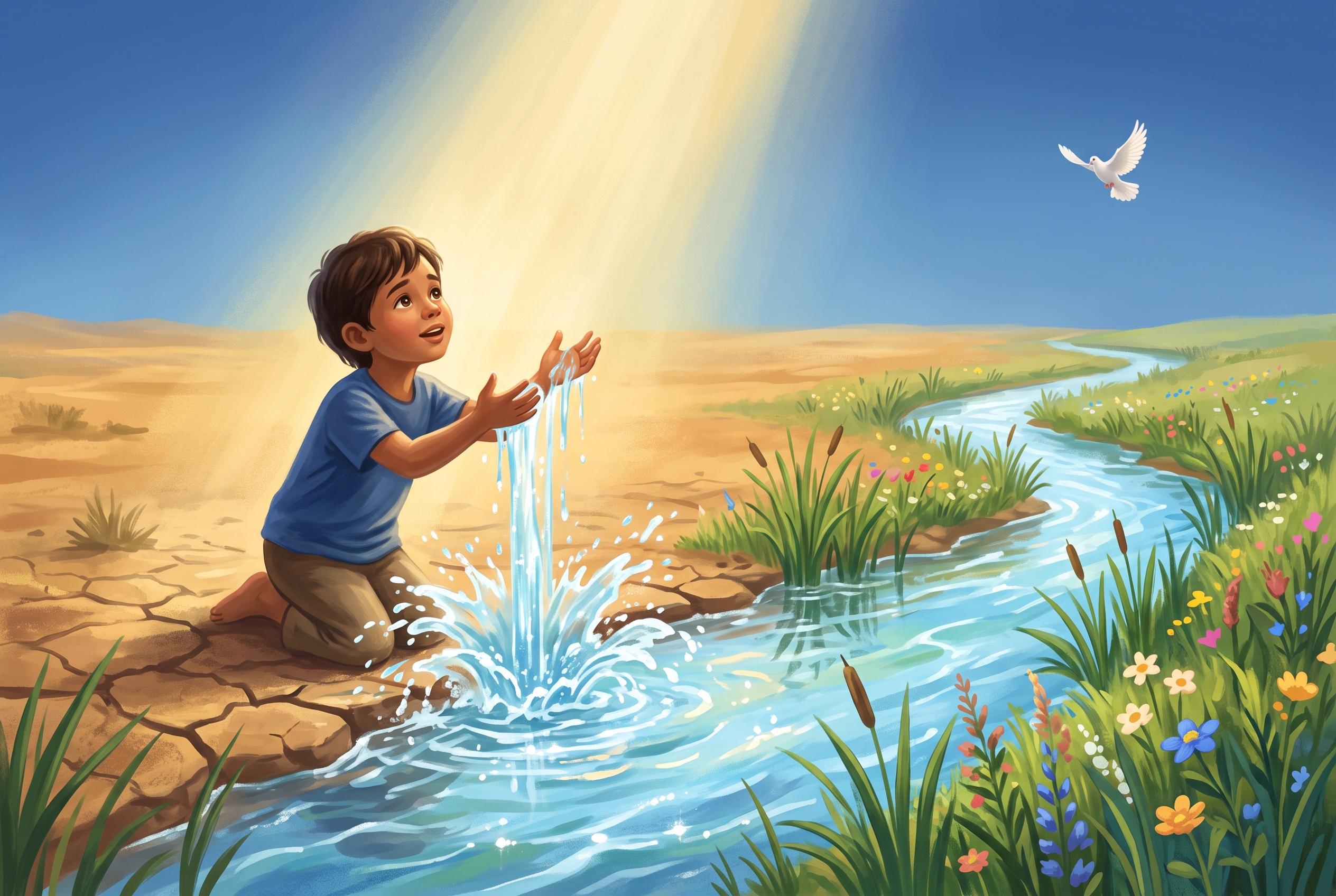 A child collecting water and the Bible's promise of living water