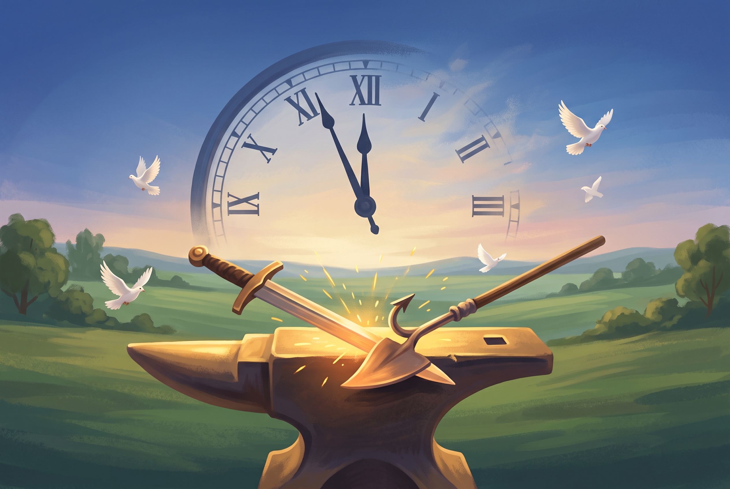 A clock near midnight and the Bible's promise of an end to war