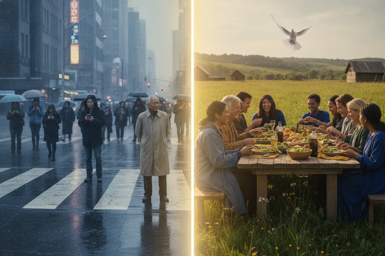 Isolation in a crowded city contrasted with warm, joyful community