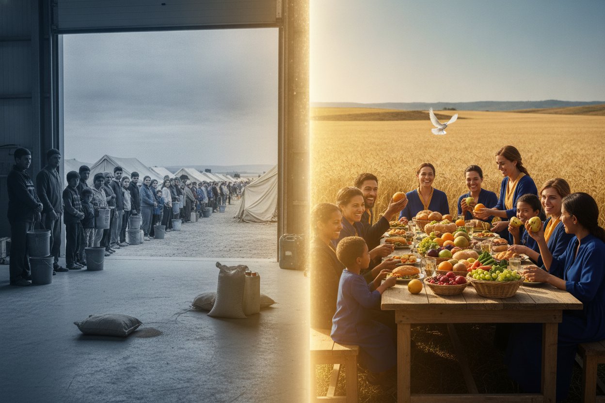 Empty aid warehouses and waiting crowds contrasted with abundant food and thriving communities