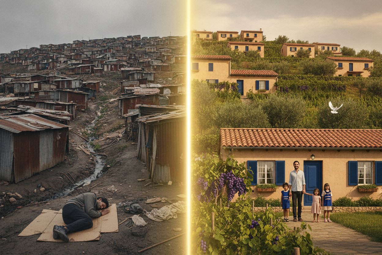 Overcrowded slums and homelessness contrasted with secure, beautiful family homes
