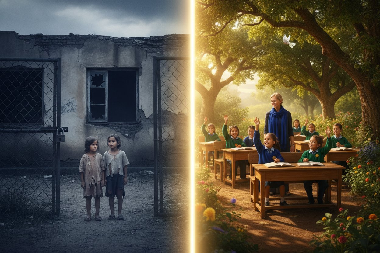 Children shut out of a closed school contrasted with children learning joyfully in a beautiful outdoor classroom