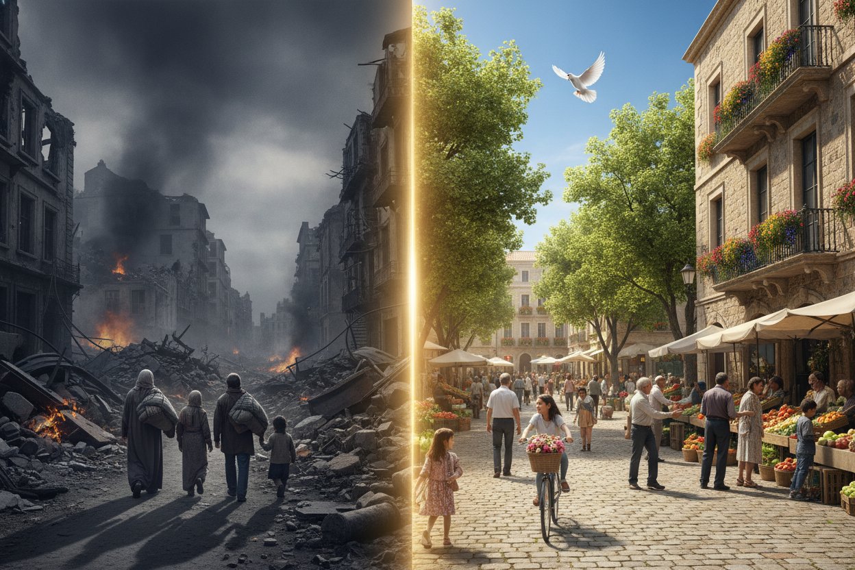 A war-ravaged city contrasted with the same city rebuilt in peace and harmony