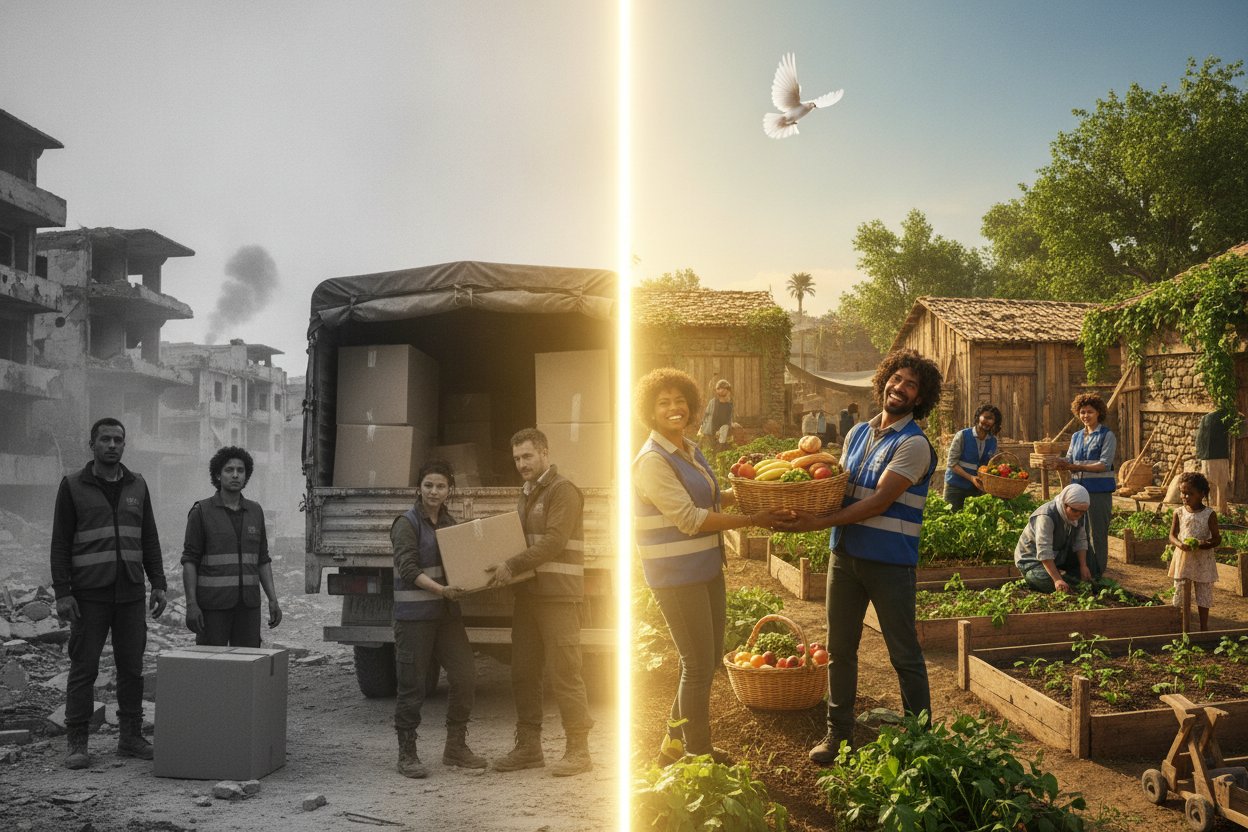Aid workers in a bombed-out zone contrasted with people helping one another freely in a peaceful village
