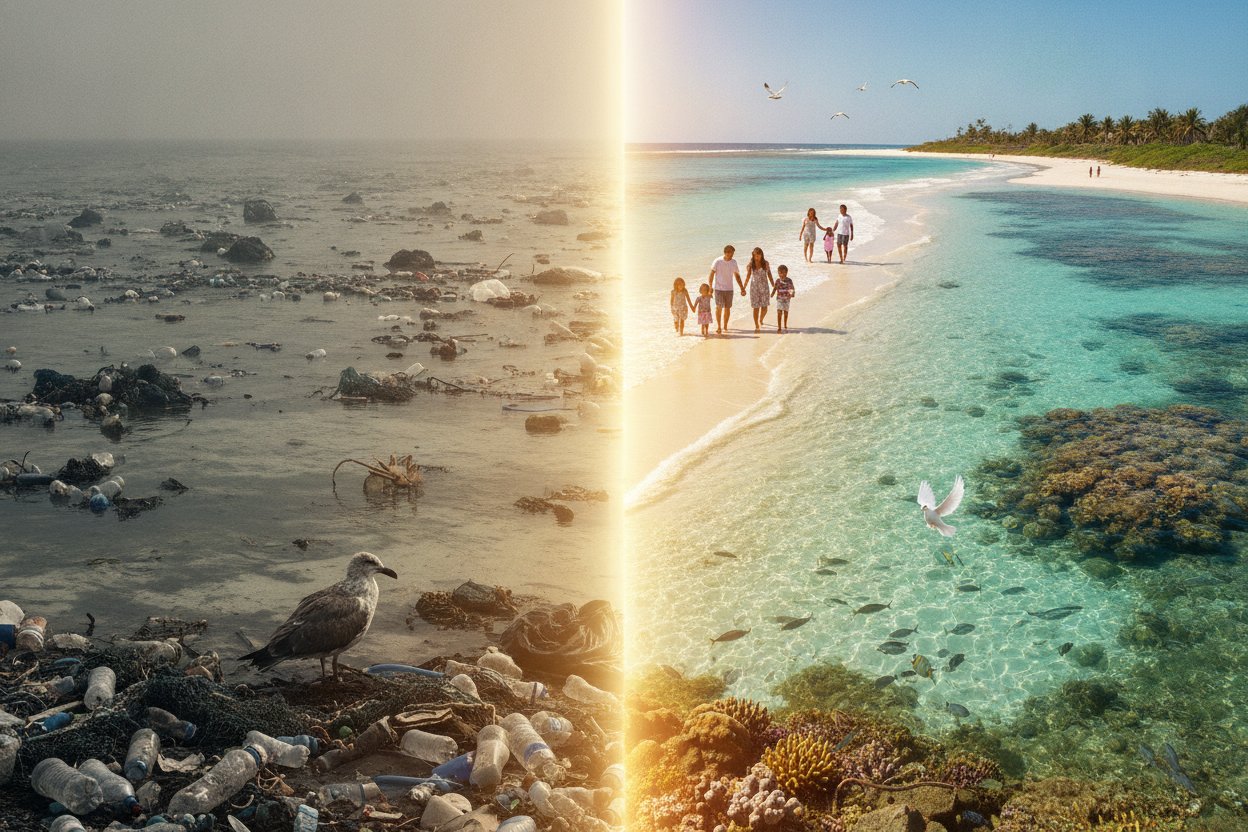 A beach and ocean choked with plastic waste contrasted with a pristine, thriving coastline
