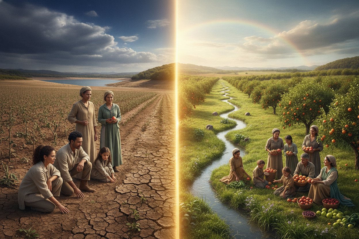 Dry, cracked farmland beneath storm clouds contrasted with a green, well-watered landscape where people harvest abundant crops