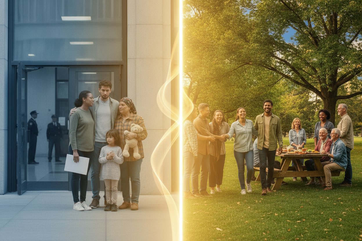 A stateless family holding identity documents outside a government office contrasted with a peaceful, welcoming community where people live securely together