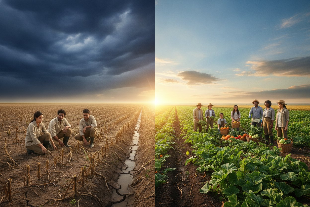 Dry, cracked farmland and a farmer examining damaged soil contrasted with fertile fields, healthy crops, and families living peacefully in a restored landscape